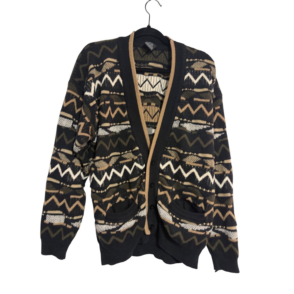 Generra Cardigan Sweater Vintage Aztec Geometric Black Olive Green Large